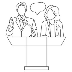 One line Art design of Businessman and Woman giving speech on podium