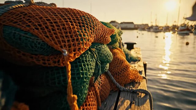 Colorful Fishing Nets on a Pier at Sunset by the Water