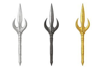 Ornate spearheads in black silver and gold isolated on transparent background. Collection set of tridents in silver, gold, and black isolated on white background.