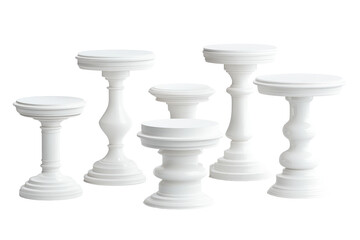 Collection of white decorative pedestals isolated on transparent background. Collection set of white pedestal tables isolated on white background.