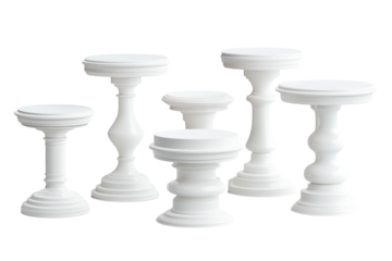 Collection of white decorative pedestals isolated on transparent background. Collection set of white pedestal tables isolated on white background.