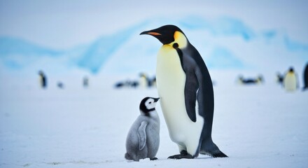 Fototapeta premium An Emperor Penguin with a chick stands on snow, other penguins in the snowy distance