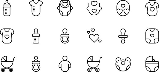 Baby essentials vector icon set featuring bottles clothing pacifiers and carriage symbols for newborn childcare