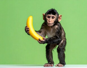 A young primate stands with a yellow fruit, bright background