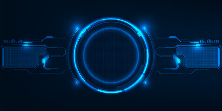 Abstract digital technology background with hi tech circle HUD and grid panels at both side for tech product advertising.Vector illustrations.