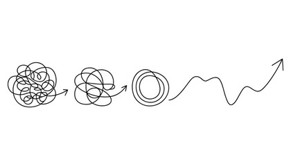 Tangled line simplifying to upward trending arrow on white background messy simple