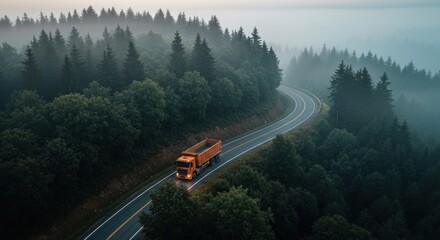 An orange dump truck travels on a winding road through a foggy, dense evergreen forest