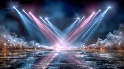 Stunning display of vibrant lights illuminating a foggy stage during a concert at night