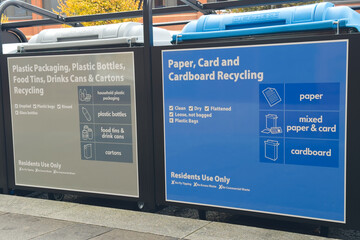 Bins in row segregated for recycling rubbish