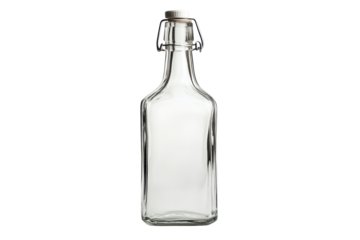 Clear glass bottle with metal cap isolated on transparent background. Empty glass bottle isolated on white background.