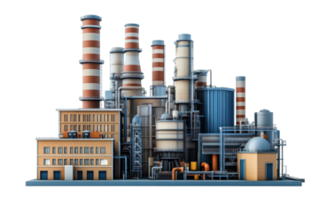 Blue industrial factory with smoking chimneys isolated on transparent background. Factory isolated on white background.