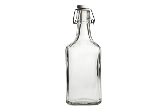 Clear glass bottle with metal cap isolated on transparent background. Empty glass bottle isolated on white background.