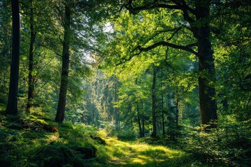 Obraz premium Lush Green Forest Sunlight Streaming Through Trees Creating Vibrant Scene