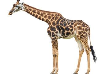 Naklejka premium Full body giraffe standing profile view isolated on transparent background. Giraffe isolated on white background.