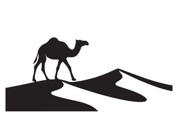 A silhouette illustration of a wild camel mammal running in the desert, like a black horse or donkey animal