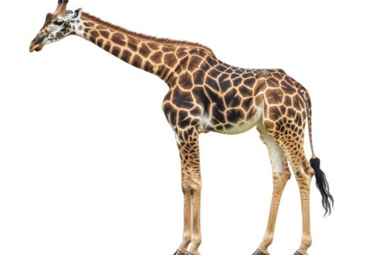 Full body giraffe standing profile view isolated on transparent background. Giraffe isolated on white background.