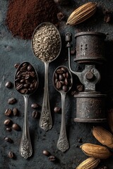 Overhead Shot of Coffee Beans in Silver Spoons with Vintage Grinder on Textured Blue Surface Still Life