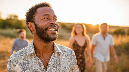 Friends enjoying a joyful evening stroll through a golden field as the sun sets behind them