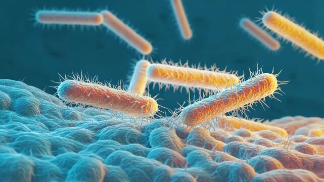 Microscopic view of virus cells inside a cell culture. The is taken under fluorescence microscopy and highlights the unique structures on the surface of prokaryotic cells.