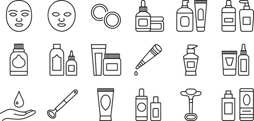 Collection of Skin Care Product Icons Beauty Routine Essentials and Personal Care Concepts in Black and White