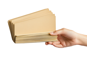 Hand holding a stack of brown paper envelopes isolated on transparent background. Hand holding manila file folders isolated on white background.