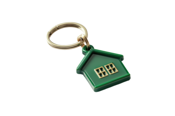 Green house shaped keychain isolated on transparent background. House keychain with green house pendant isolated on white background.