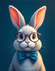 White Bunny Wearing Red Glasses and Blue Bow Tie