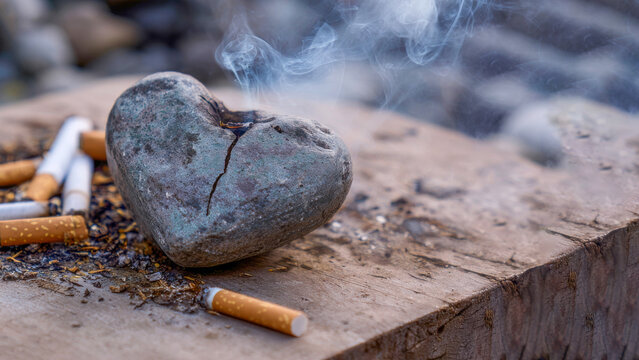 Heart-shaped stone sits on a weathered wooden table surrounded by cigarette butts, with wisps of smoke rising into the air during a serene afternoon