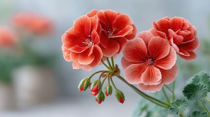 Close-up botanical photo of bright red geranium flowers with green leaves and buds illuminated by soft natural light indoors with a blurred background
