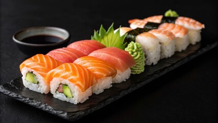 sushi on a black plate