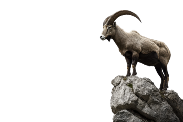 White mountain goat standing on rocky terrain isolated on transparent background. Mountain goat isolated on white background.