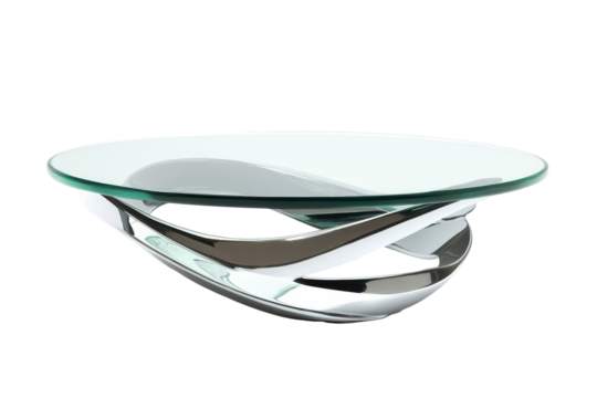 Elegant silver bowl with swirling design isolated on transparent background. Modern glass coffee table with chrome base isolated on white background.
