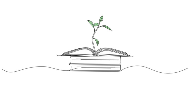 Minimalist line art illustration of an open book with a green plant sprouting from its pages, symbolizing growth, knowledge, education, and sustainability - Powered by Adobe