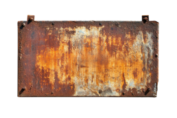 Old rusty metal sign with unreadable text isolated on transparent background. Old blank rusty metal sign isolated on white background.