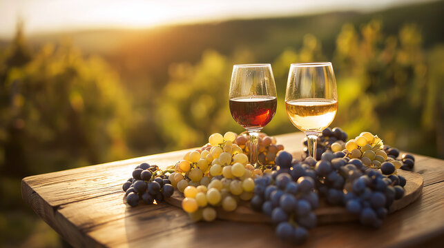 vineyard. Glasses of red and white wine with ripe grapes on a wooden table in a rustic vineyard setting. bar promotions, beverage menus, designed for food & beverage menus and cafe branding.