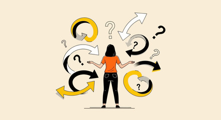 Navigating Decisions Woman Facing Arrows and Questions in a Circular Maze