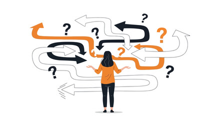 Navigating Decisions A Person Facing Confusing Choices Represented by Arrows and Question Marks