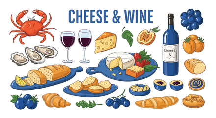 Wine and Cheese Party Crab, Oysters, Bread, and Fruit Illustration