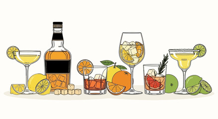 Diverse Cocktails and Citrus Fruits Illustration