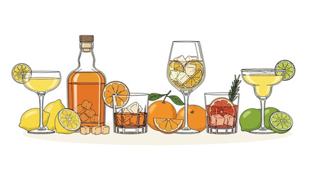 Colorful array of cocktails and citrus fruits illustration
