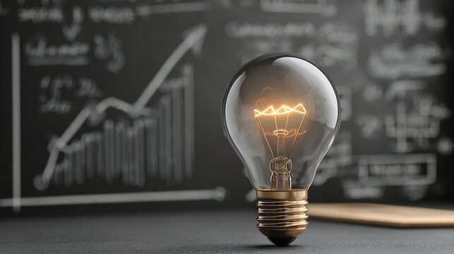 Glowing bulb shines with innovation, standing out against a chalkboard covered in ideas and growth charts. Conceptual insight is illuminated.