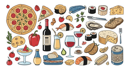 Delicious Food and Drink Doodle Collection Pizza, Wine, Sushi and More