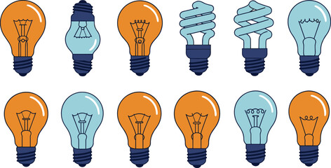 Modern light bulb illustration set, colorful incandescent and fluorescent lamp icons, energy saving design collection, creative electricity symbol, glowing filament shapes, vector isolated graphic
