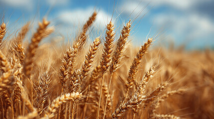 Fototapeta premium Golden wheat field swaying gently under a bright sky. The ripened grain offers a beautiful contrast of gold and blue in rural farmland.
