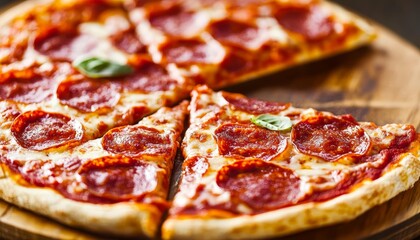Mouth-Watering Pepperoni Salami Pizza Slices Garnished with Fresh Basil on Rustic Wooden Board