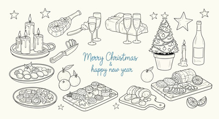 Festive Line Art Christmas Dinner and Decoration Illustration
