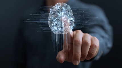 Digital brain interface: hand touches a glowing brain. Technology meets neuroscience. Artificial intelligence and human connection.