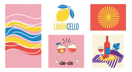 Vibrant Food and Drink Illustrations Lemon, Wine, and Celebration