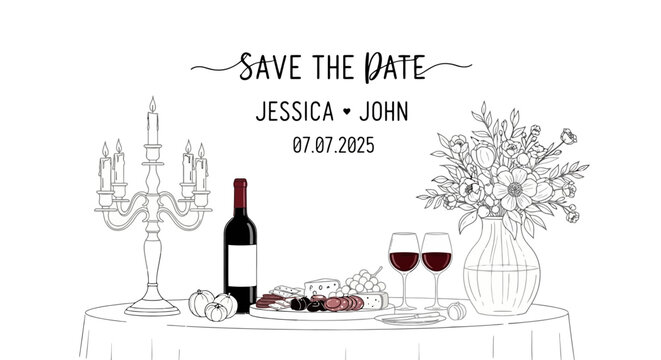 Save the Date Wedding Invitation with Wine and Flowers Illustration - Powered by Adobe