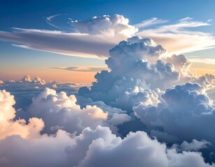 Aerial view of cumulus clouds illuminated by the sunset's golden hues